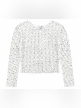 Orange Kiss White Rhinestone Fishnet Mesh Long Sleeve Top